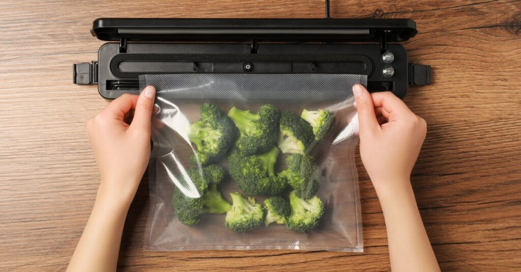 A person holding a plastic package filled with broccoli and using a manual machine to create an airtight seal on the package.