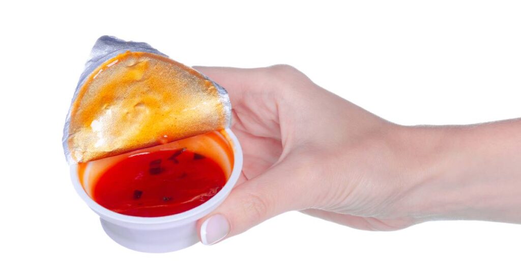 A hand holding a single-use container that’s been opened. There is a red-orange sauce inside the container.