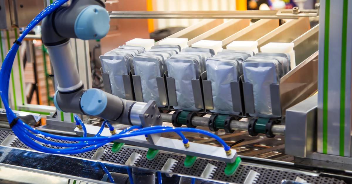 An automated system with blue tubing scans a set of small white pouches for quality assurance purposes.